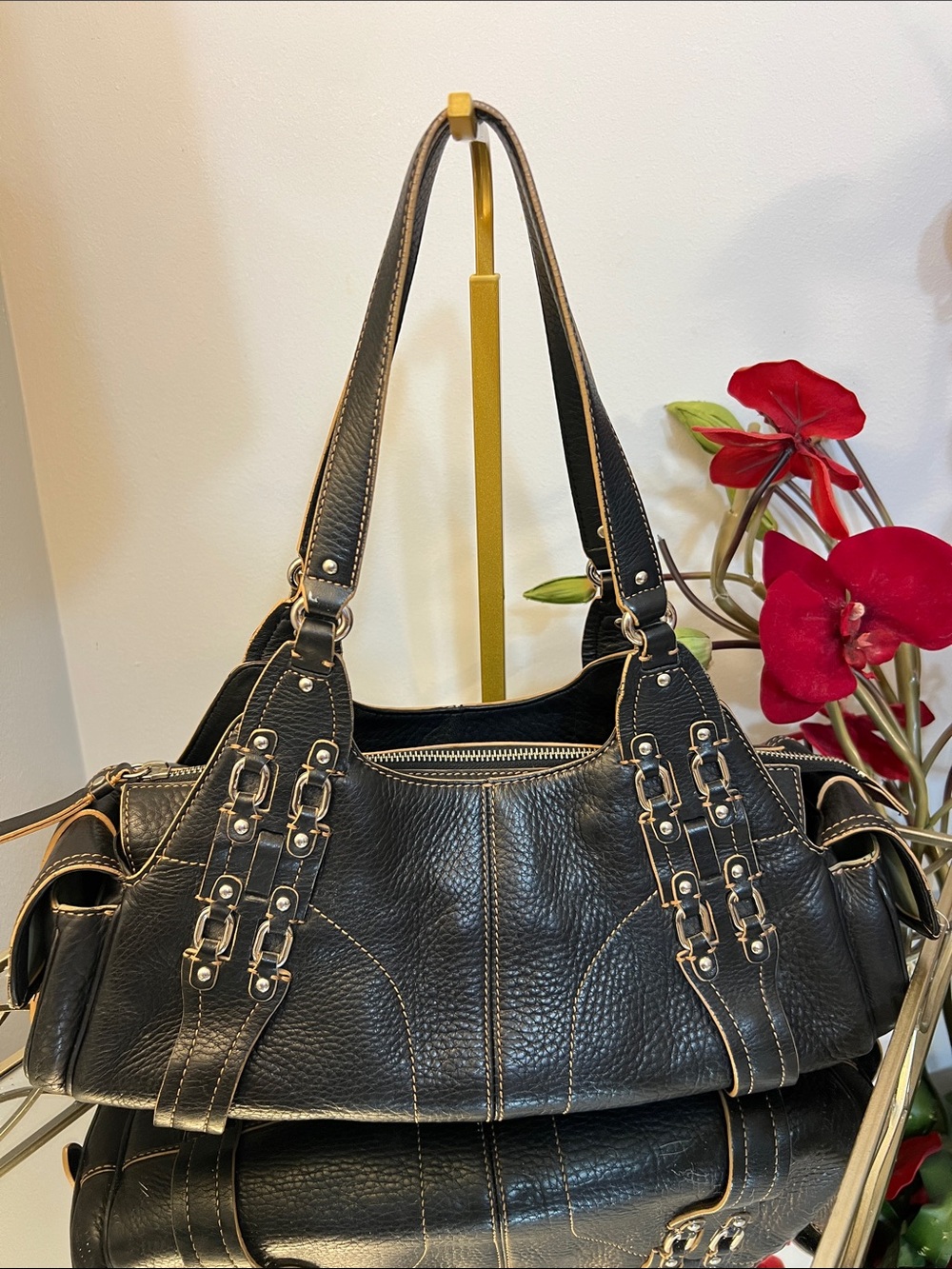 Vintage Y2K Cole Haan Village Pebbled Black Leather Western Boho Shoulder Bag